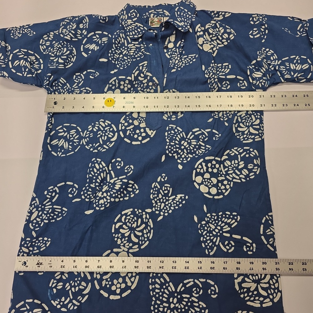 Vintage Handprinted Veggie Dye Indigo Cotton Midi‎ Dress Blue White Butterfly M - Picture 4 of 6